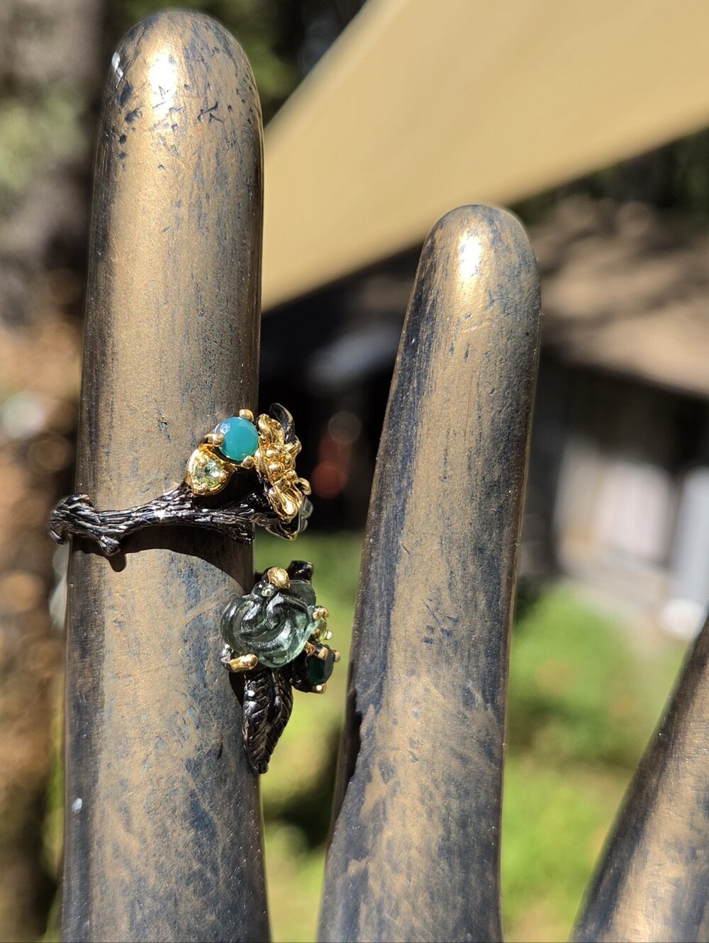 Tourmaline Peridot&Green Onyx Sterling Rhodium&Gold Floral Finger Cuff 6.25 - Picture 7 of 10